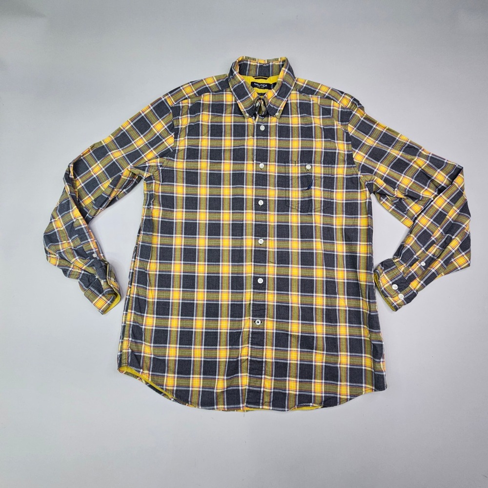 Nautica Plaid Button Down Mens Medium Yellow Grey Good Long Sleeve Casual Shirt